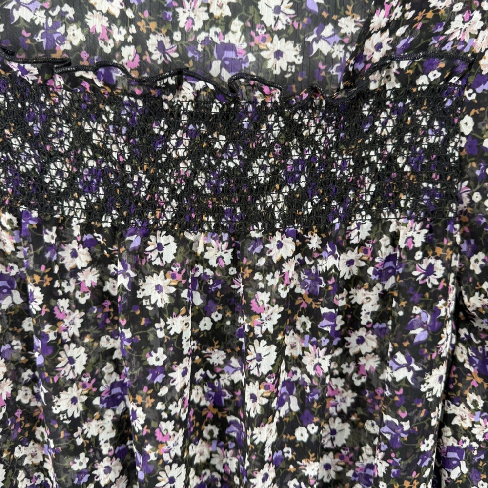 American Rag Floral Smocked Blouse Purple White Chiffon Square Neck BOHO Large - Picture 11 of 14